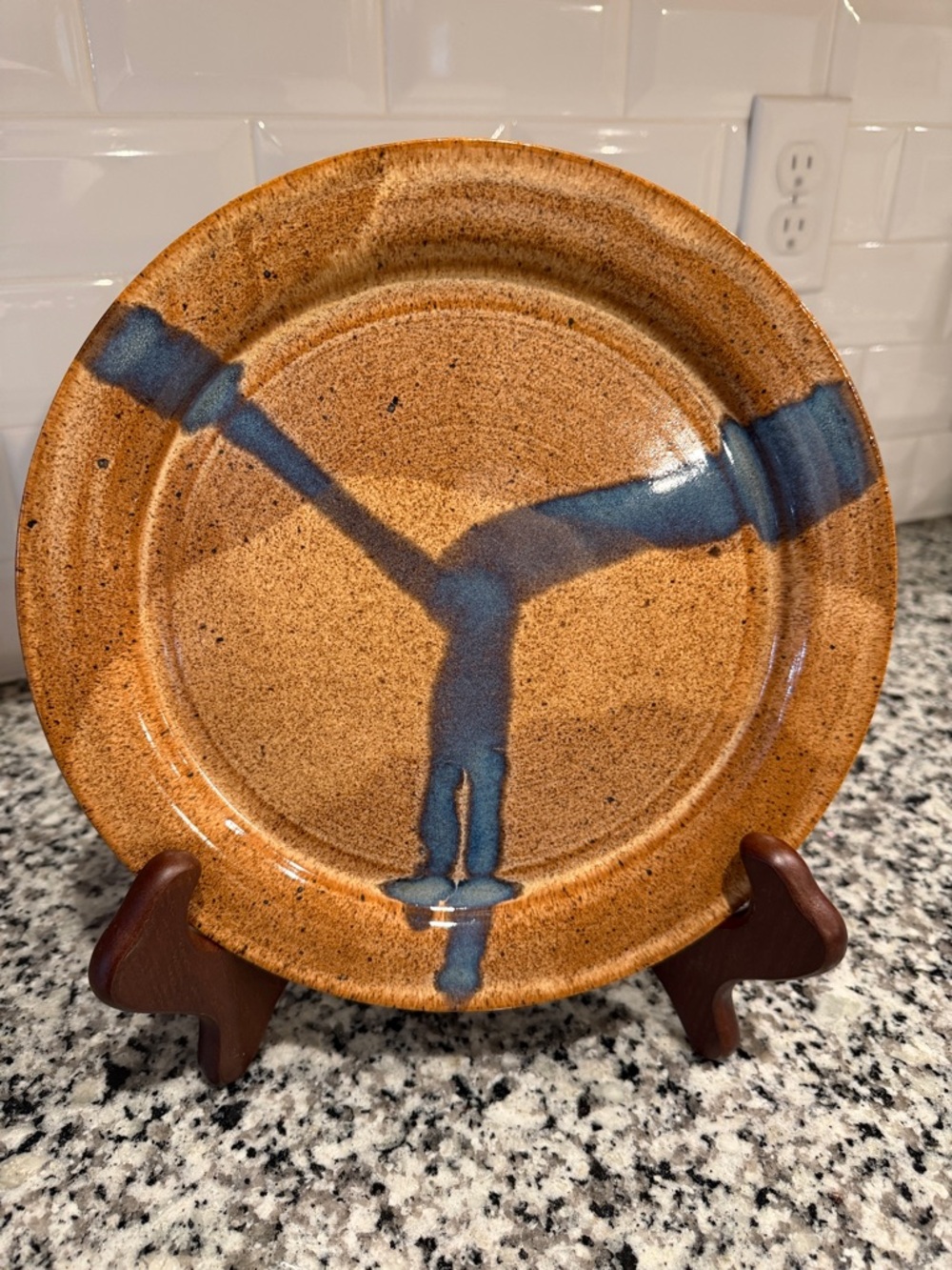Handcrafted signed studio pottery plate with Blue Glaze Accent